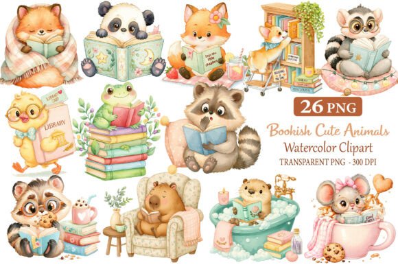 Download Bookish Cute Animals Watercolor Cliparts - Cute Collection