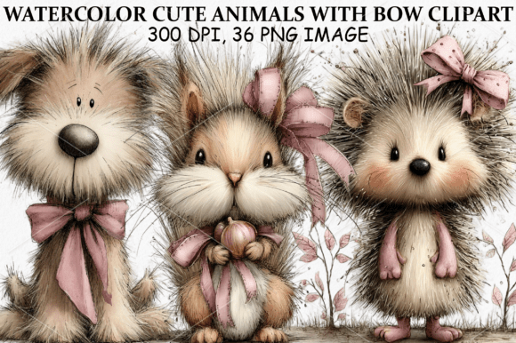 Download Watercolor Cute Animals with Bow Clipart - Cute Collection